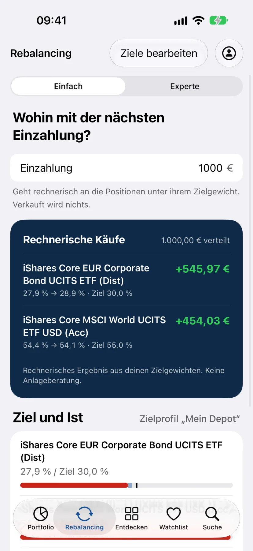 Rebalancing-Ansicht mit Einzahlung, rechnerischen Käufen und Ziel-Ist-Vergleich