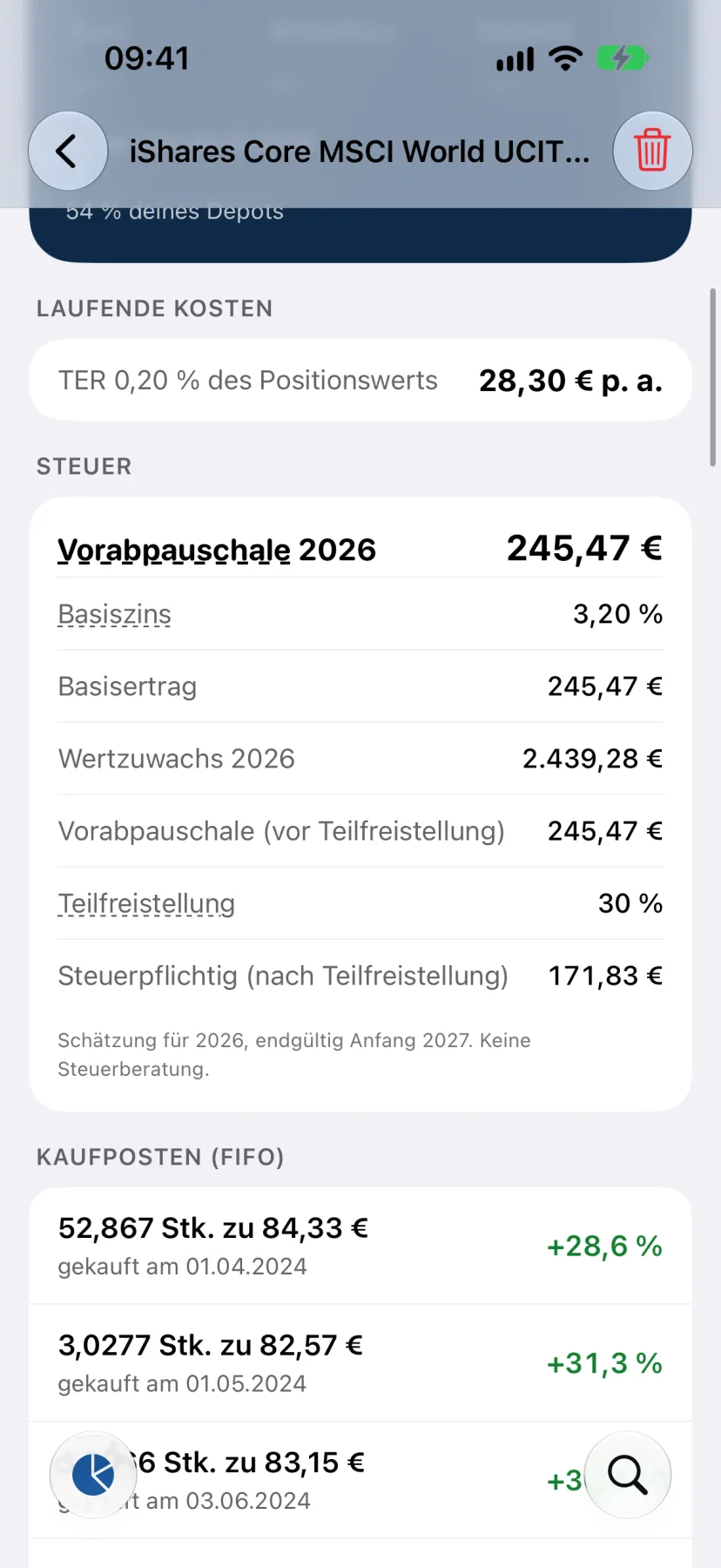 Steuerübersicht einer Position mit Vorabpauschale, Teilfreistellung und FIFO-Kaufposten